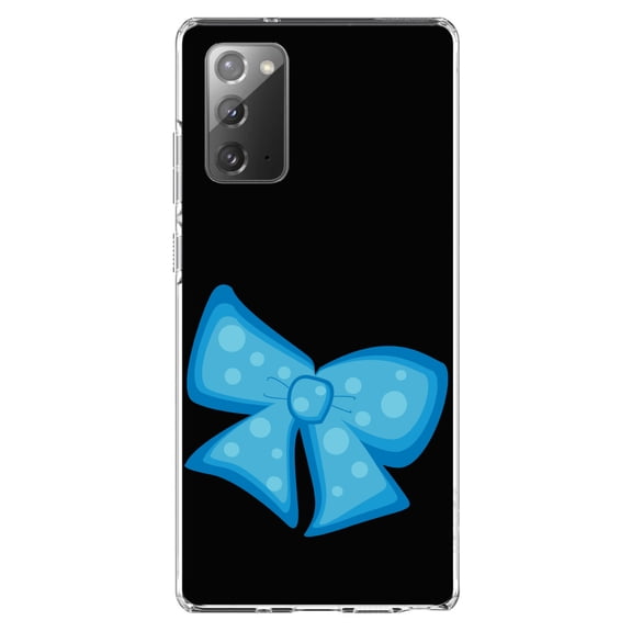 DistinctInk Clear Shockproof Hybrid Case for Samsung Galaxy Note 20 (6.7" Screen) - TPU Bumper, Acrylic Back, Tempered Glass Screen Protector - Light Blue Black Bow Ribbon - Cartoon Bows / Ribbons