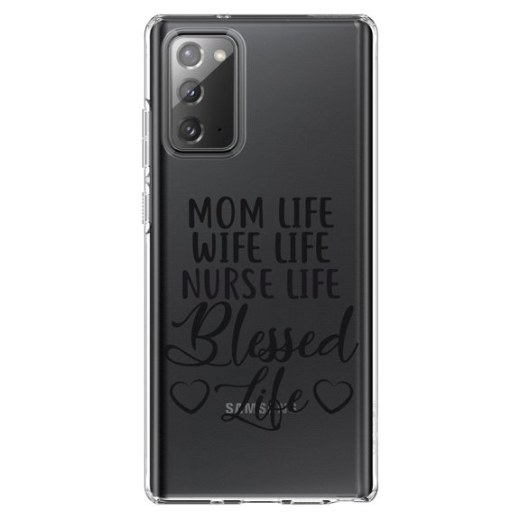 DistinctInk Clear Shockproof Hybrid Case for Samsung Galaxy Note 20 (6.7" Screen) - TPU Bumper Acrylic Back Tempered Glass Screen Protector - Mom Life Wife Life Nurse Life Blessed