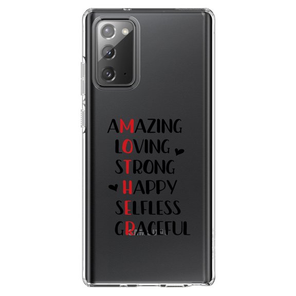 DistinctInk Clear Shockproof Hybrid Case for Samsung Galaxy Note 20 (6.7" Screen) - TPU Bumper Acrylic Back Tempered Glass Screen Protector - Mother Word Art - Amazing, Loving, Strong