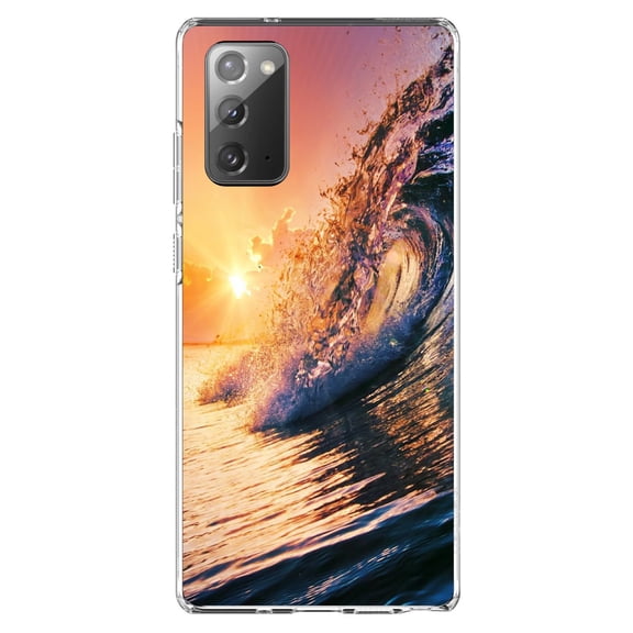 DistinctInk Clear Shockproof Hybrid Case for Samsung Galaxy Note 20 (6.7" Screen) - TPU Bumper, Acrylic Back, Tempered Glass Screen Protector - Ocean Wave Sunset