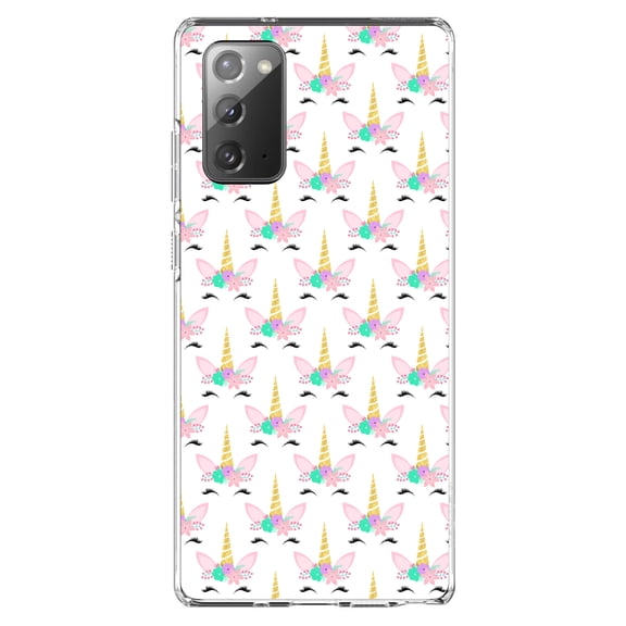 DistinctInk Clear Shockproof Hybrid Case for Samsung Galaxy Note 20 (6.7" Screen) - TPU Bumper, Acrylic Back, Tempered Glass Screen Protector - Pastel Unicorn Pattern - White Pink Teal