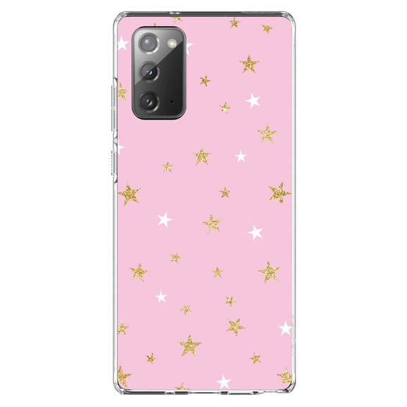 DistinctInk Clear Shockproof Hybrid Case for Samsung Galaxy Note 20 (6.7" Screen) - TPU Bumper, Acrylic Back, Tempered Glass Screen Protector - Pink & Gold Print - Stars Pattern