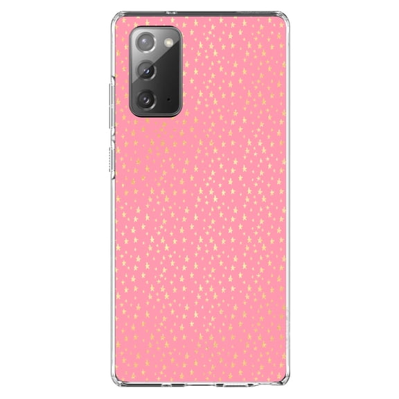 DistinctInk Clear Shockproof Hybrid Case for Samsung Galaxy Note 20 (6.7" Screen) - TPU Bumper, Acrylic Back, Tempered Glass Screen Protector - Pink & Gold Star Pattern