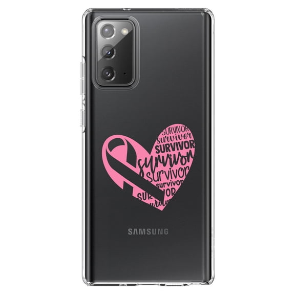 DistinctInk Clear Shockproof Hybrid Case for Samsung Galaxy Note 20 (6.7" Screen) - TPU Bumper Acrylic Back Tempered Glass Screen Protector - Pink Ribbon Cancer - Survivor Heart