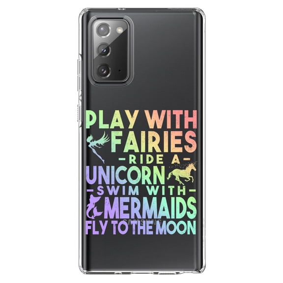 DistinctInk Clear Shockproof Hybrid Case for Samsung Galaxy Note 20 (6.7" Screen) - TPU Bumper Acrylic Back Tempered Glass Screen Protector - Play With Fairs Ride Unicorn Mermaids Moon