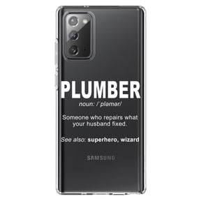DistinctInk Clear Shockproof Hybrid Case for Samsung Galaxy Note 20 (6.7" Screen) - TPU Bumper Acrylic Back Tempered Glass Screen Protector - Plumber Definition - Fix What Your Husband Fixed