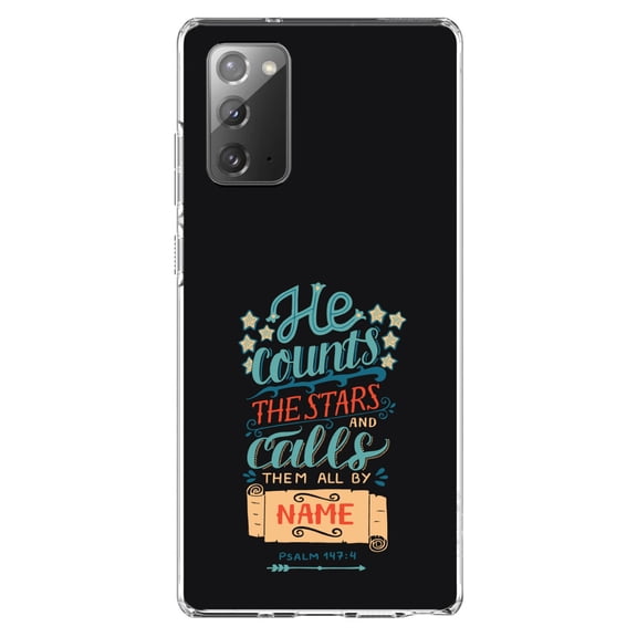 DistinctInk Clear Shockproof Hybrid Case for Samsung Galaxy Note 20 (6.7" Screen) - TPU Bumper, Acrylic Back, Tempered Glass Screen Protector - Psalm 147:4 - He Counts the Stars Calls Them By Name