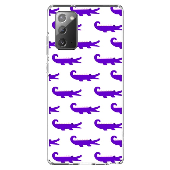 DistinctInk Clear Shockproof Hybrid Case for Samsung Galaxy Note 20 (6.7" Screen) - TPU Bumper, Acrylic Back, Tempered Glass Screen Protector - Purple White Alligators - Cartoon Alligators