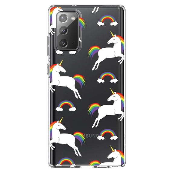 DistinctInk Clear Shockproof Hybrid Case for Samsung Galaxy Note 20 (6.7" Screen) - TPU Bumper, Acrylic Back, Tempered Glass Screen Protector - Rainbows & Unicorns