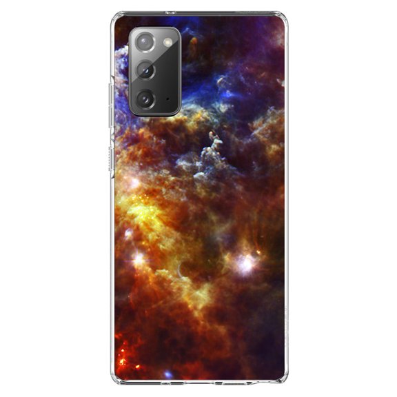 DistinctInk Clear Shockproof Hybrid Case for Samsung Galaxy Note 20 (6.7" Screen) - TPU Bumper, Acrylic Back, Tempered Glass Screen Protector - Red Yellow Blue Rosette Nebula - Astronomy