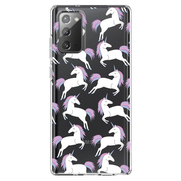 DistinctInk Clear Shockproof Hybrid Case for Samsung Galaxy Note 20 (6.7" Screen) - TPU Bumper, Acrylic Back, Tempered Glass Screen Protector - Repeating Pastel Unicorns