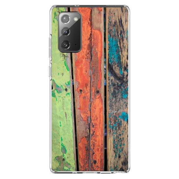 DistinctInk Clear Shockproof Hybrid Case for Samsung Galaxy Note 20 (6.7" Screen) - TPU Bumper, Acrylic Back, Tempered Glass Screen Protector - Rough Painted Wood Print - Printed Wood Grain Image