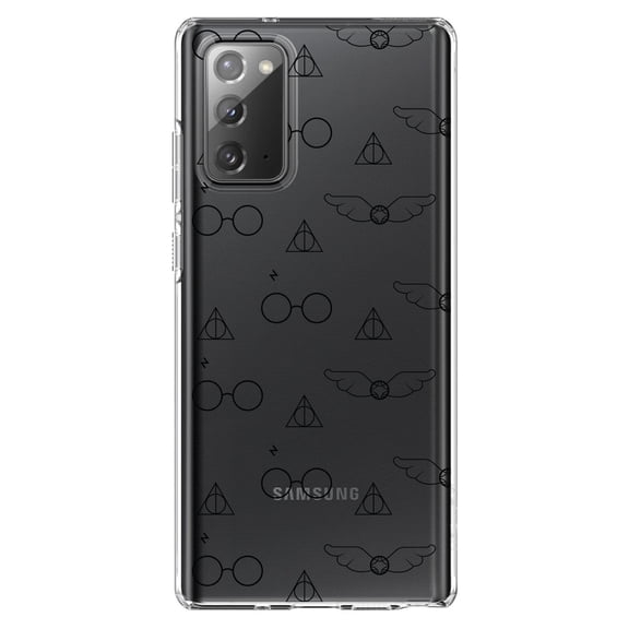 DistinctInk Clear Shockproof Hybrid Case for Samsung Galaxy Note 20 (6.7" Screen) - TPU Bumper, Acrylic Back, Tempered Glass Screen Protector - Round Glasses with Symbol and Snitch