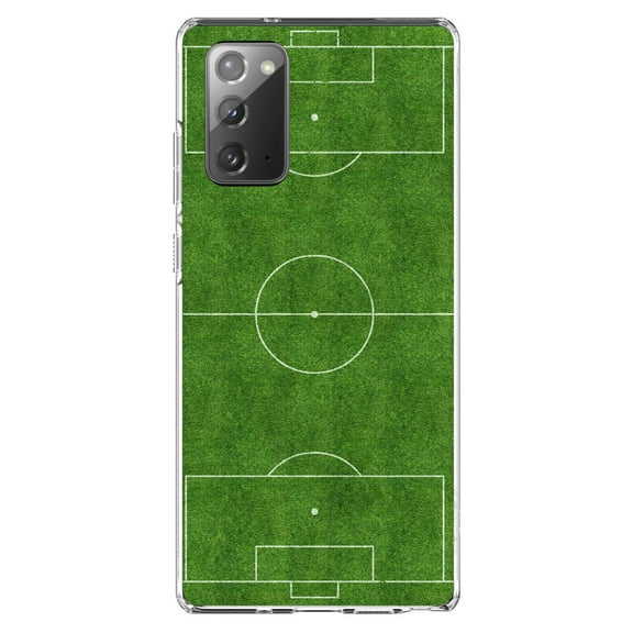 DistinctInk Clear Shockproof Hybrid Case for Samsung Galaxy Note 20 (6.7" Screen) - TPU Bumper, Acrylic Back, Tempered Glass Screen Protector - Soccer Field Layout