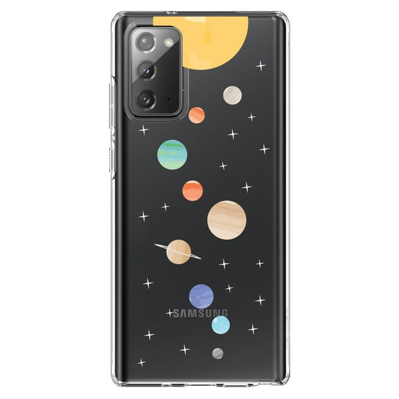 DistinctInk Clear Shockproof Hybrid Case for Samsung Galaxy Note 20 (6.7" Screen) - TPU Bumper, Acrylic Back, Tempered Glass Screen Protector - Solar System - Planets with Sun