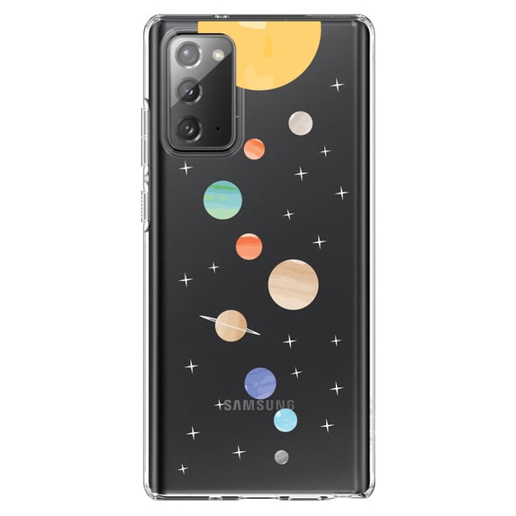 DistinctInk Clear Shockproof Hybrid Case for Samsung Galaxy Note 20 (6.7" Screen) - TPU Bumper, Acrylic Back, Tempered Glass Screen Protector - Solar System - Planets with Sun