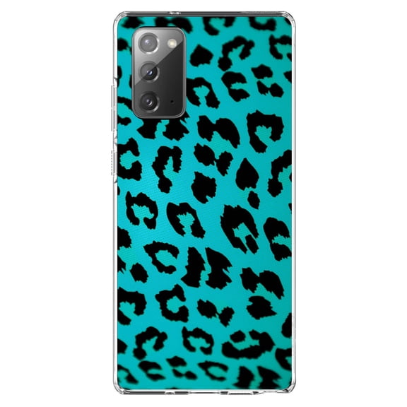 DistinctInk Clear Shockproof Hybrid Case for Samsung Galaxy Note 20 (6.7" Screen) - TPU Bumper, Acrylic Back, Tempered Glass Screen Protector - Teal Black Leopard Skin Spots