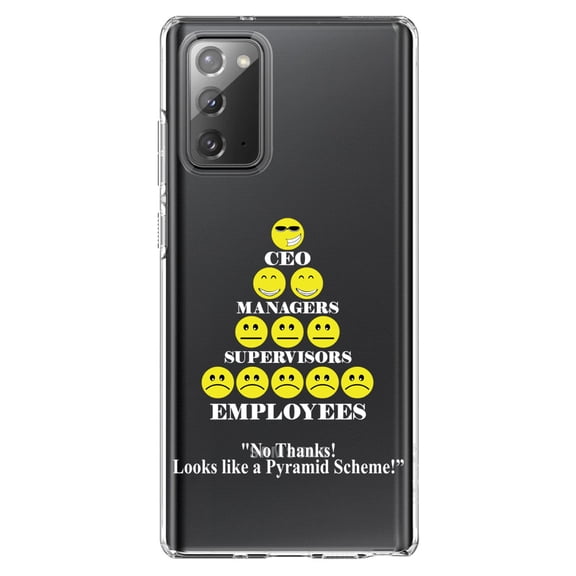DistinctInk Clear Shockproof Hybrid Case for Samsung Galaxy Note 20 (6.7" Screen) - TPU Bumper Acrylic Back Tempered Glass Screen Protector - No Thanks Looks Like a Pyramid Scheme