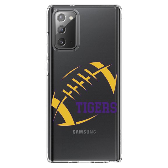 DistinctInk Clear Shockproof Hybrid Case for Samsung Galaxy Note 20 (6.7" Screen) - TPU Bumper, Acrylic Back, Tempered Glass Screen Protector - Tigers Football - Purple, Gold