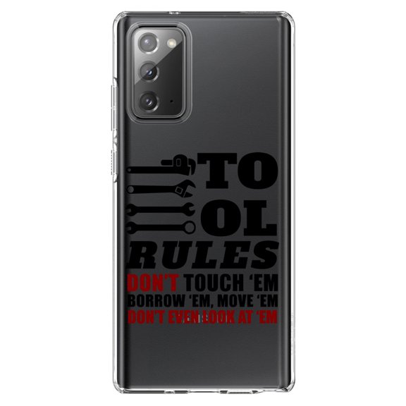 DistinctInk Clear Shockproof Hybrid Case for Samsung Galaxy Note 20 (6.7" Screen) - TPU Bumper Acrylic Back Tempered Glass Screen Protector - Tool Rules Don't Touch Borrow Move Look