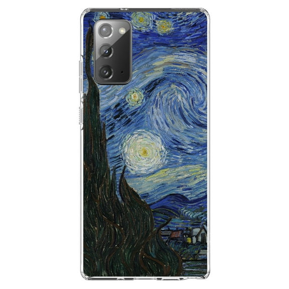DistinctInk Clear Shockproof Hybrid Case for Samsung Galaxy Note 20 (6.7" Screen) - TPU Bumper, Acrylic Back, Tempered Glass Screen Protector - Van Gogh Starry Night - Classic Art