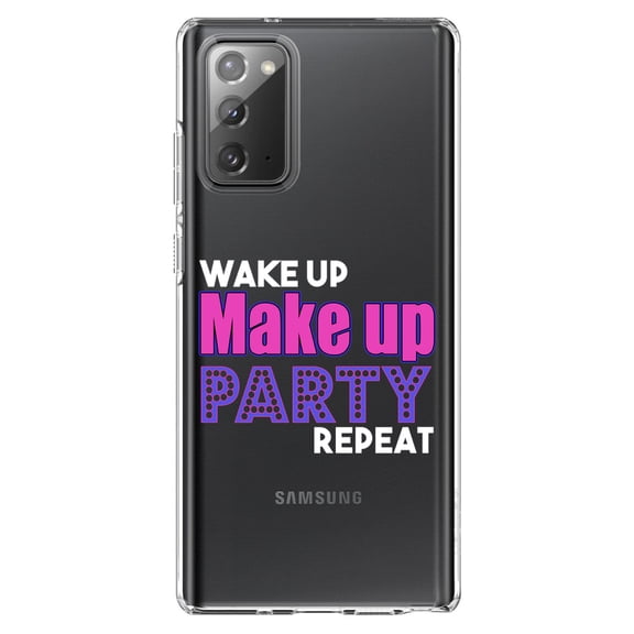 DistinctInk Clear Shockproof Hybrid Case for Samsung Galaxy Note 20 (6.7" Screen) - TPU Bumper Acrylic Back Tempered Glass Screen Protector - Wake Up Make Up Party Repeat