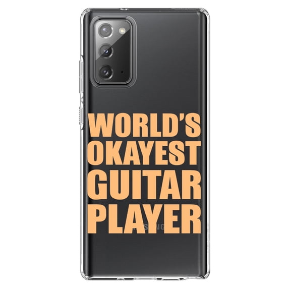 DistinctInk Clear Shockproof Hybrid Case for Samsung Galaxy Note 20 (6.7" Screen) - TPU Bumper Acrylic Back Tempered Glass Screen Protector - World's Okayest Guitar Player
