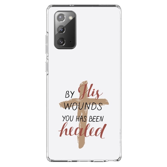 DistinctInk Clear Shockproof Hybrid Case for Samsung Galaxy Note 20 (6.7" Screen) - TPU Bumper, Acrylic Back, Tempered Glass Screen Protector - By His Wounds You Has Been Healed - Cross