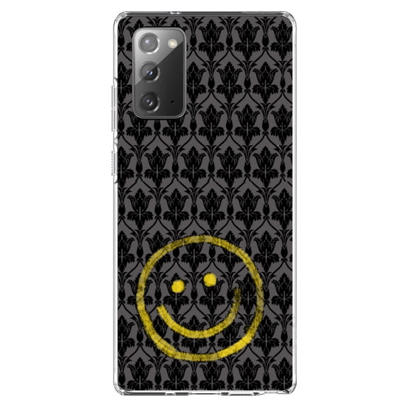 DistinctInk Clear Shockproof Hybrid Case for Samsung Galaxy Note 20 (6.7" Screen) - TPU Bumper, Acrylic Back, Tempered Glass Screen Protector - Yellow Smiley Face Black Grey Damask