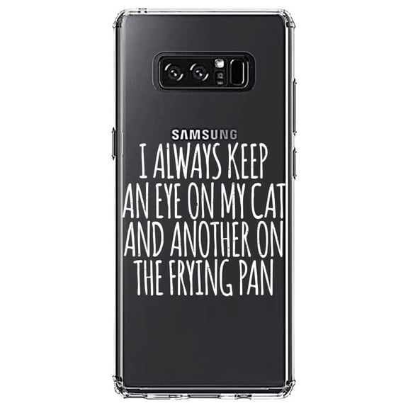 DistinctInk Clear Shockproof Hybrid Case for Samsung Galaxy Note 8 - TPU Bumper Acrylic Back Tempered Glass Screen Protector - Always Keep Eye on Cat and on Frying Pan