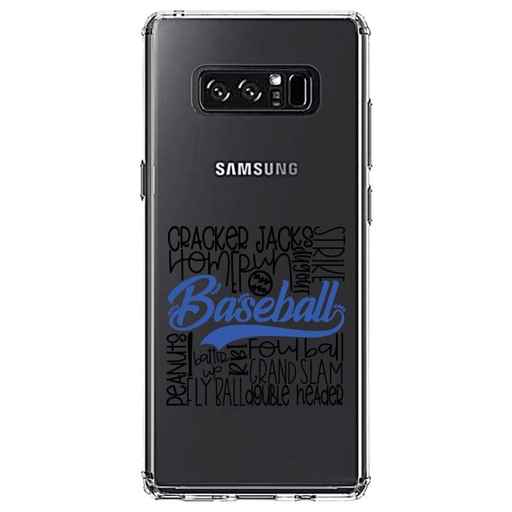 DistinctInk Clear Shockproof Hybrid Case for Samsung Galaxy Note 8 - TPU Bumper Acrylic Back Tempered Glass Screen Protector - Baseball Word Art - Black & Blue