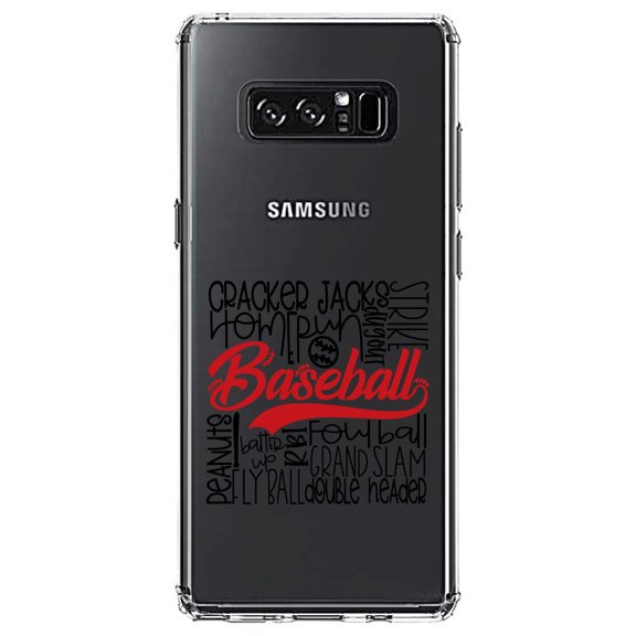 DistinctInk Clear Shockproof Hybrid Case for Samsung Galaxy Note 8 - TPU Bumper Acrylic Back Tempered Glass Screen Protector - Baseball Word Art - Black & Red
