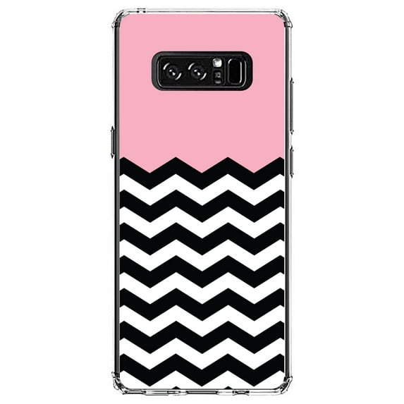 DistinctInk Clear Shockproof Hybrid Case for Samsung Galaxy Note 8 - TPU Bumper, Acrylic Back, Tempered Glass Screen Protector - Black White Pink Chevron - Black & White Stripes Pattern