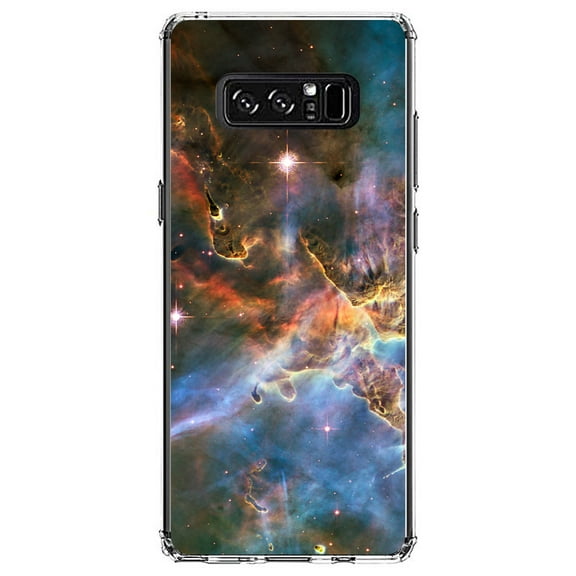 DistinctInk Clear Shockproof Hybrid Case for Samsung Galaxy Note 8 - TPU Bumper, Acrylic Back, Tempered Glass Screen Protector - Blue Pink Orange Carina Nebula - Astronomy