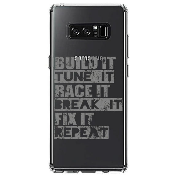 DistinctInk Clear Shockproof Hybrid Case for Samsung Galaxy Note 8 - TPU Bumper Acrylic Back Tempered Glass Screen Protector - Build It Tune Race Break Fix Repeat