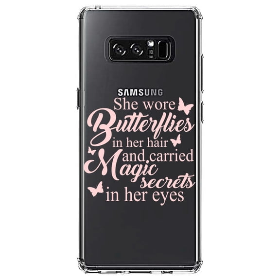 DistinctInk Clear Shockproof Hybrid Case for Samsung Galaxy Note 8 - TPU Bumper Acrylic Back Tempered Glass Screen Protector - Butterflies in Her Hari, Magic Secret Eyes