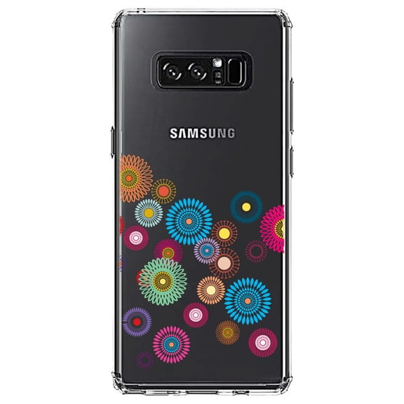 DistinctInk Clear Shockproof Hybrid Case for Samsung Galaxy Note 8 - TPU Bumper Acrylic Back Tempered Glass Screen Protector - Cartoon Wildflowers Rainbow Colors