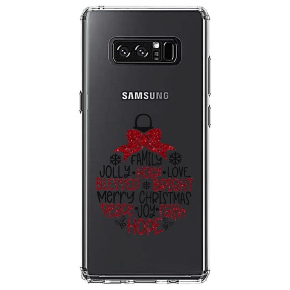 DistinctInk Clear Shockproof Hybrid Case for Samsung Galaxy Note 8 - TPU Bumper Acrylic Back Tempered Glass Screen Protector - Christmas Words Ornament Red Glitter Look