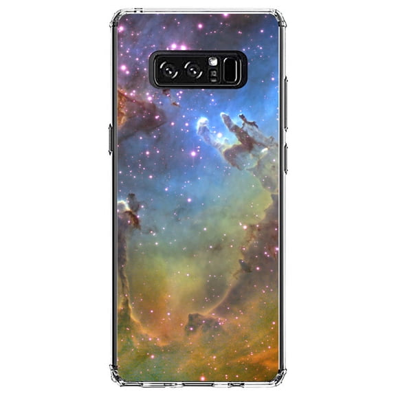 DistinctInk Clear Shockproof Hybrid Case for Samsung Galaxy Note 8 - TPU Bumper, Acrylic Back, Tempered Glass Screen Protector - Eagle Nebula Orange Blue - Astronomy