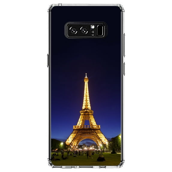 DistinctInk Clear Shockproof Hybrid Case for Samsung Galaxy Note 8 - TPU Bumper, Acrylic Back, Tempered Glass Screen Protector - Eiffel Tower Paris Night - Paris