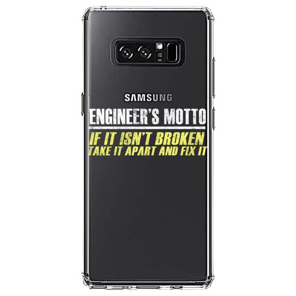 DistinctInk Clear Shockproof Hybrid Case for Samsung Galaxy Note 8 - TPU Bumper Acrylic Back Tempered Glass Screen Protector - Engineer's Motto If Isn't Broken Fix It