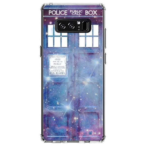 DistinctInk Clear Shockproof Hybrid Case for Samsung Galaxy Note 8 - TPU Bumper, Acrylic Back, Tempered Glass Screen Protector - Fading TARDIS Outer Space Stars