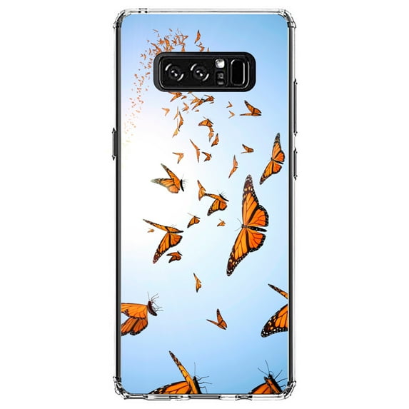 DistinctInk Clear Shockproof Hybrid Case for Samsung Galaxy Note 8 - TPU Bumper, Acrylic Back, Tempered Glass Screen Protector - Flying Monarch Butterflies