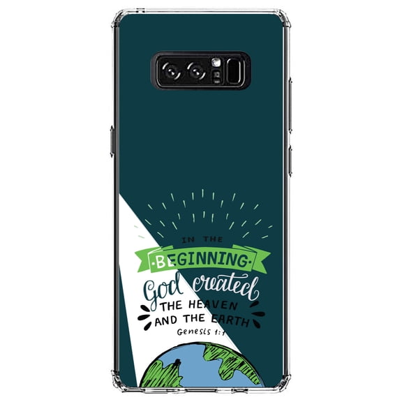 DistinctInk Clear Shockproof Hybrid Case for Samsung Galaxy Note 8 - TPU Bumper, Acrylic Back, Tempered Glass Screen Protector - Genesis 1:1 - God Created the Heaven & the Earth