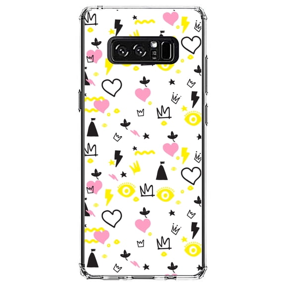 DistinctInk Clear Shockproof Hybrid Case for Samsung Galaxy Note 8 - TPU Bumper, Acrylic Back, Tempered Glass Screen Protector - Girl Power - Crown Hearts Castle Pink Yellow