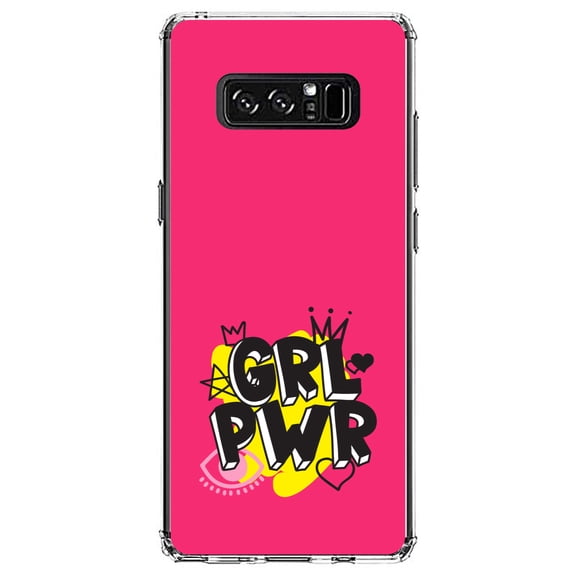 DistinctInk Clear Shockproof Hybrid Case for Samsung Galaxy Note 8 - TPU Bumper, Acrylic Back, Tempered Glass Screen Protector - Girl Power - GRL PWR - Pink Yellow Black