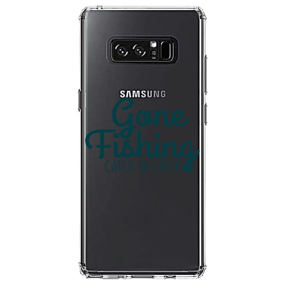DistinctInk Clear Shockproof Hybrid Case for Samsung Galaxy Note 8 - TPU Bumper Acrylic Back Tempered Glass Screen Protector - Gone Fishing Catch Ya Later