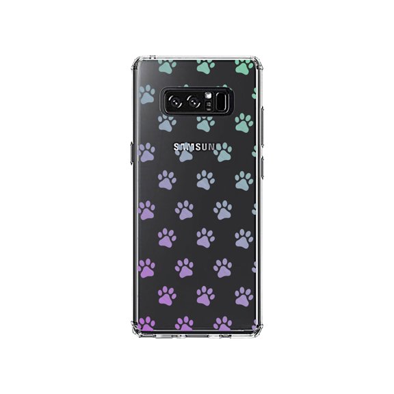 DistinctInk Clear Shockproof Hybrid Case for Samsung Galaxy Note 8 - TPU Bumper, Acrylic Back, Tempered Glass Screen Protector - Graident Pawprints - Purple to Green