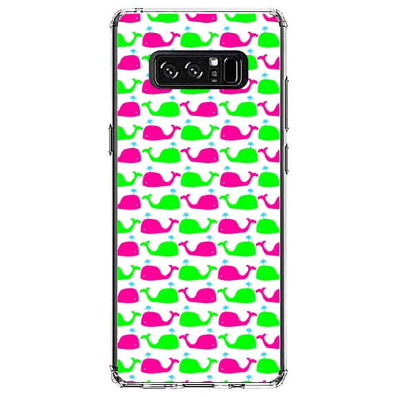 DistinctInk Clear Shockproof Hybrid Case for Samsung Galaxy Note 8 - TPU Bumper, Acrylic Back, Tempered Glass Screen Protector - Green Pink Cartoon Whales - Cartoon Whales