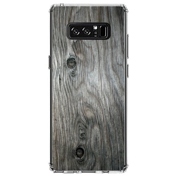 DistinctInk Clear Shockproof Hybrid Case for Samsung Galaxy Note 8 - TPU Bumper, Acrylic Back, Tempered Glass Screen Protector - Grey Weathered Wood Grain Print - Printed Wood Grain Image